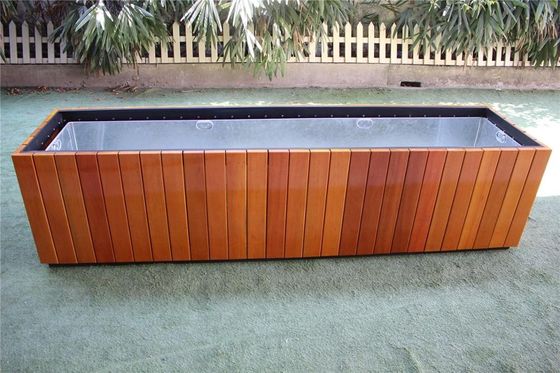 Waterproof Outdoor Large Planters , Steel And Solid Wood Square Flower Pots